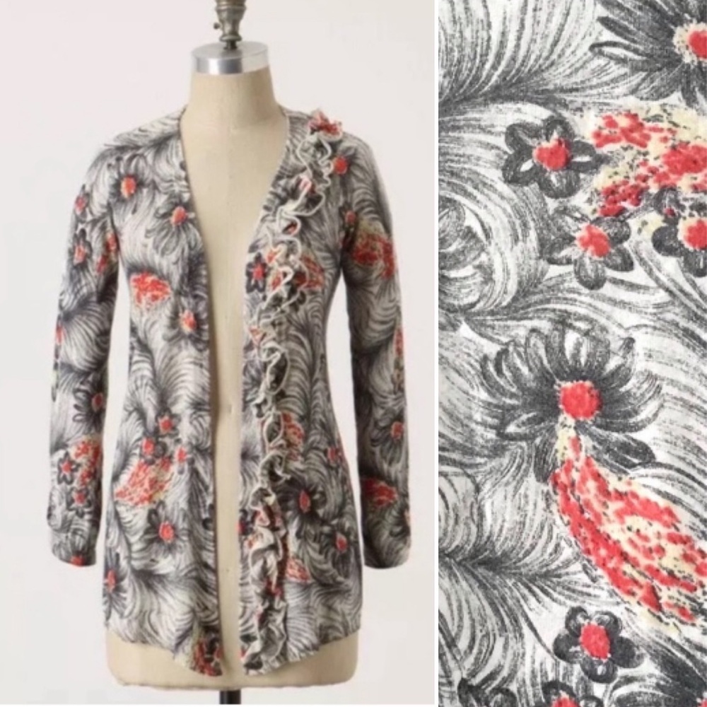 Anthropologie Sparrow floral grey coral ruffle sweater open cardigan